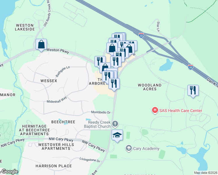 map of restaurants, bars, coffee shops, grocery stores, and more near in Cary