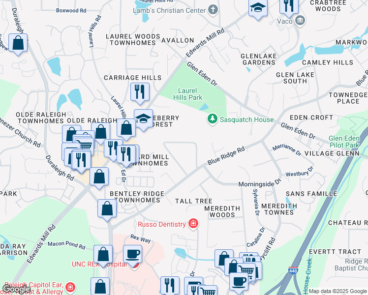 map of restaurants, bars, coffee shops, grocery stores, and more near 3412 Edgemont Drive in Raleigh