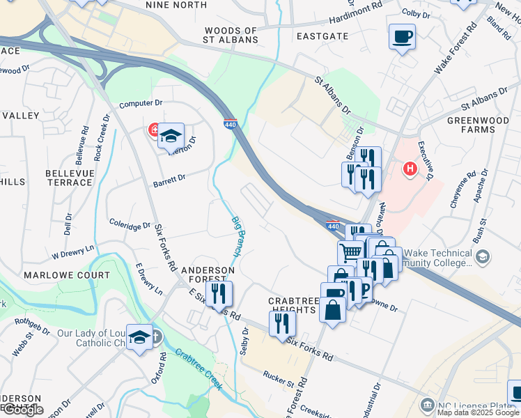 map of restaurants, bars, coffee shops, grocery stores, and more near 883 Wake Towne Drive in Raleigh