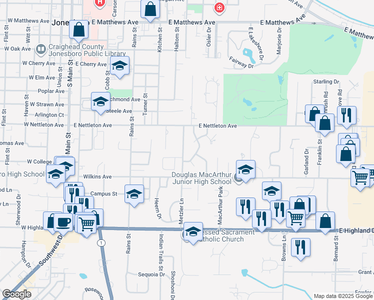 map of restaurants, bars, coffee shops, grocery stores, and more near 1415 Oak Terrace Cove in Jonesboro