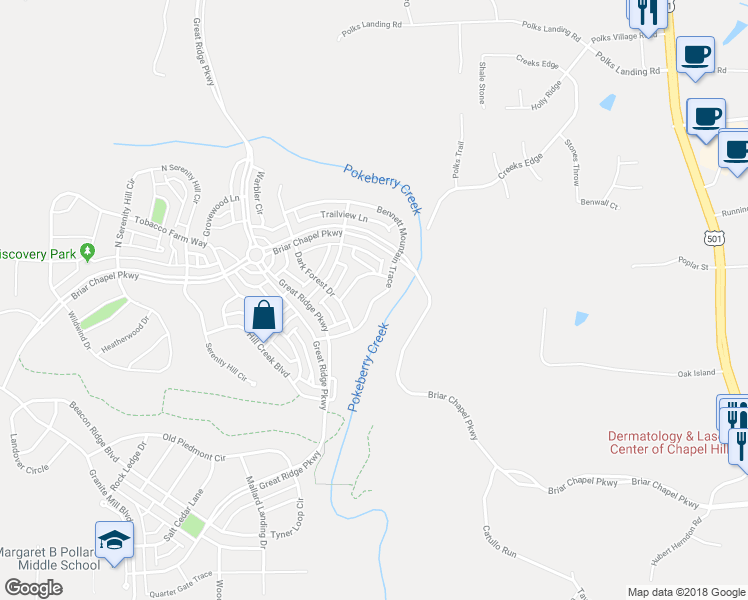 map of restaurants, bars, coffee shops, grocery stores, and more near Bennett Mountain Trce in Chapel Hill