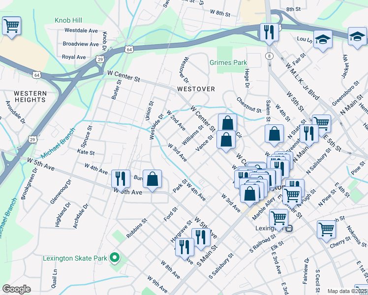 map of restaurants, bars, coffee shops, grocery stores, and more near 211 Williams Street in Lexington