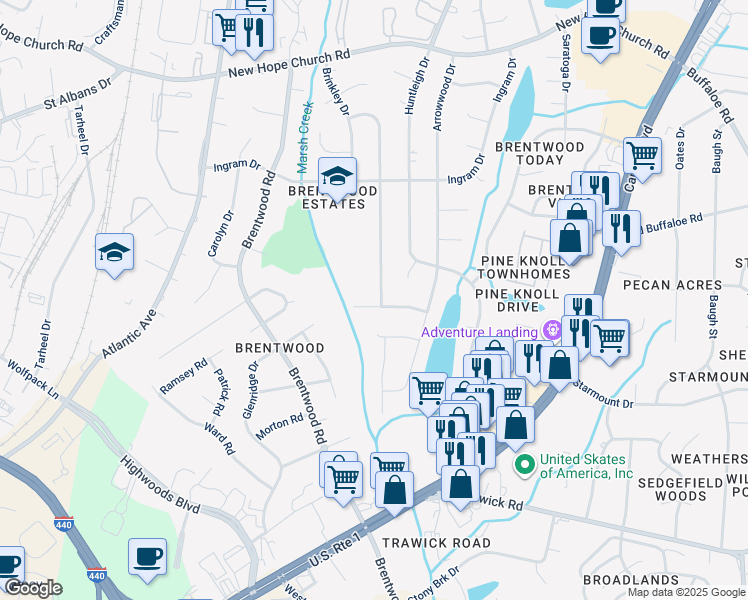 map of restaurants, bars, coffee shops, grocery stores, and more near 3401 Allendale Drive in Raleigh