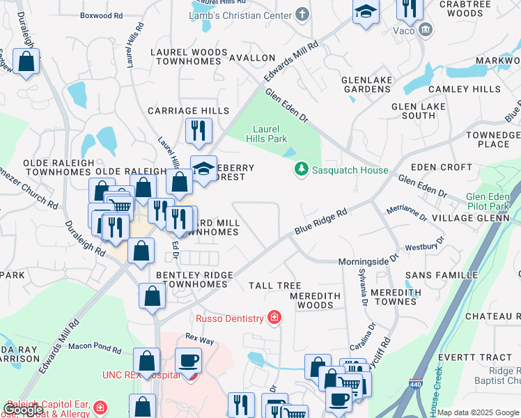 map of restaurants, bars, coffee shops, grocery stores, and more near 3412 Edgemont Drive in Raleigh