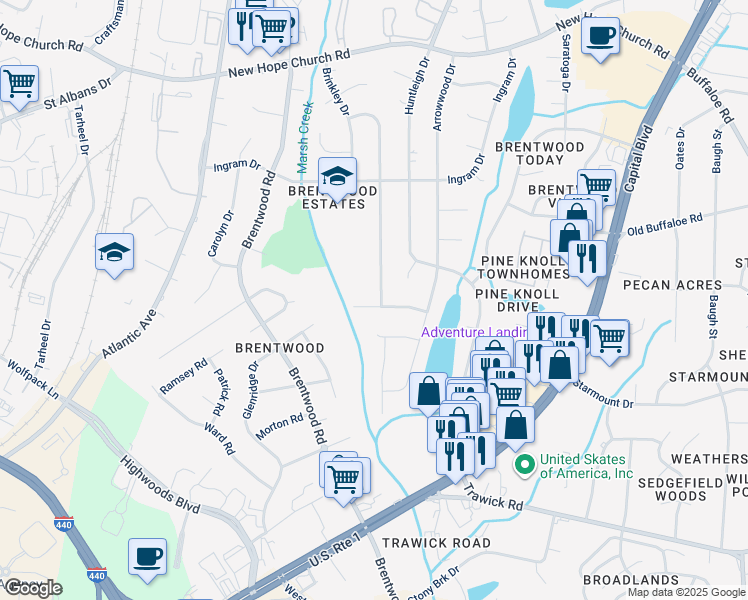 map of restaurants, bars, coffee shops, grocery stores, and more near 3401 Allendale Drive in Raleigh