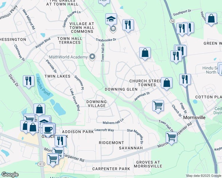 map of restaurants, bars, coffee shops, grocery stores, and more near 425 Indian Branch Drive in Morrisville