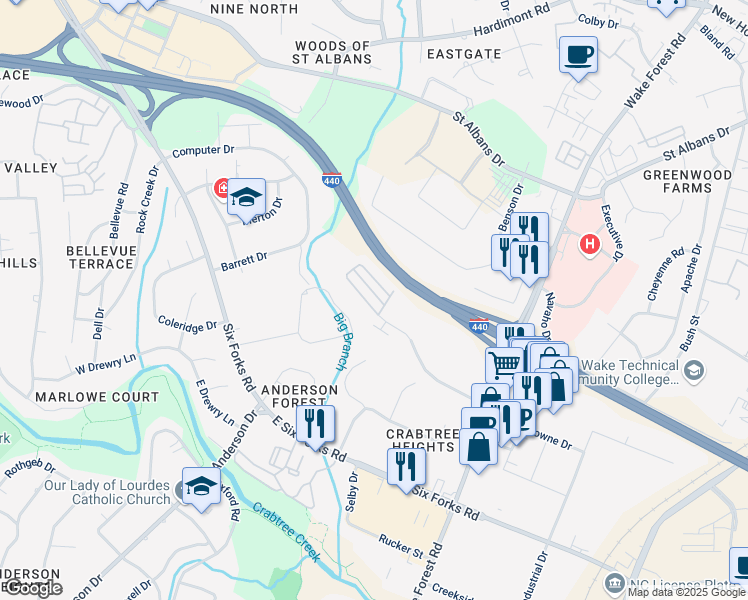 map of restaurants, bars, coffee shops, grocery stores, and more near 881 Wake Towne Drive in Raleigh