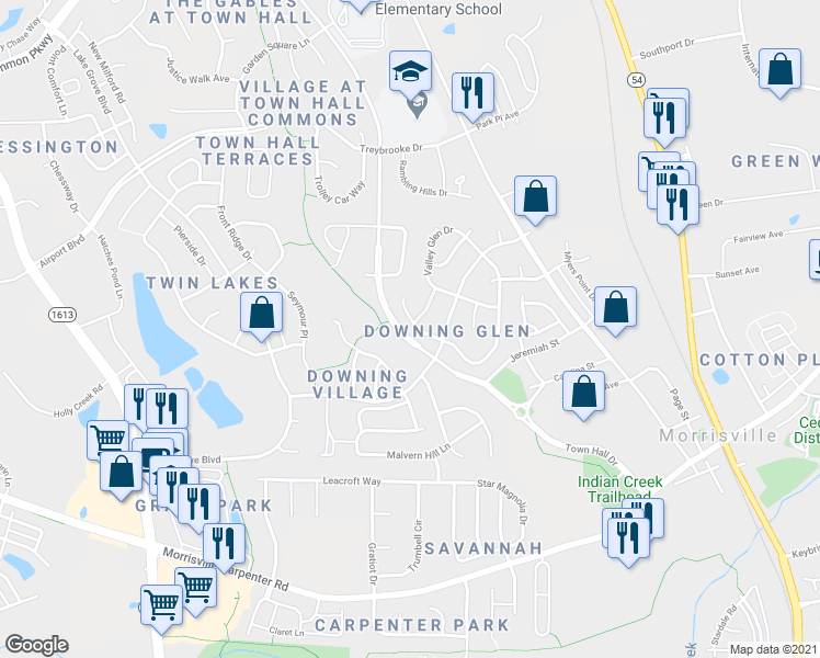 map of restaurants, bars, coffee shops, grocery stores, and more near 425 Indian Branch Drive in Morrisville