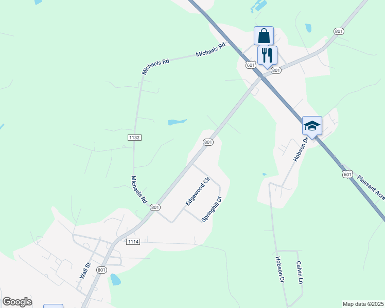 map of restaurants, bars, coffee shops, grocery stores, and more near 7348 Highway 801 in Mocksville