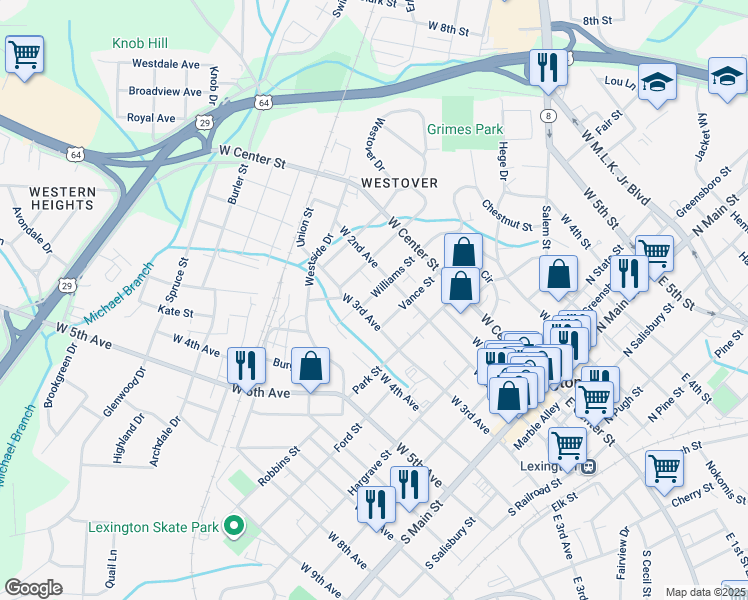 map of restaurants, bars, coffee shops, grocery stores, and more near 211 Williams Street in Lexington