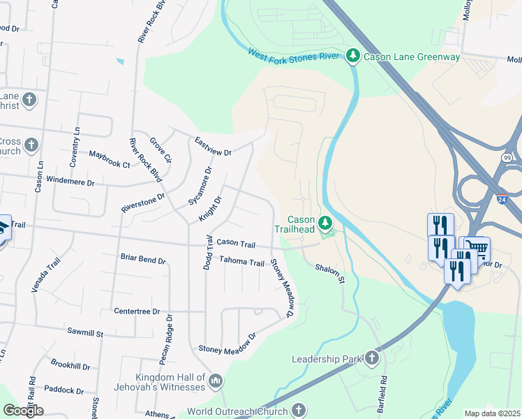map of restaurants, bars, coffee shops, grocery stores, and more near 2106 Moonlite Court in Murfreesboro