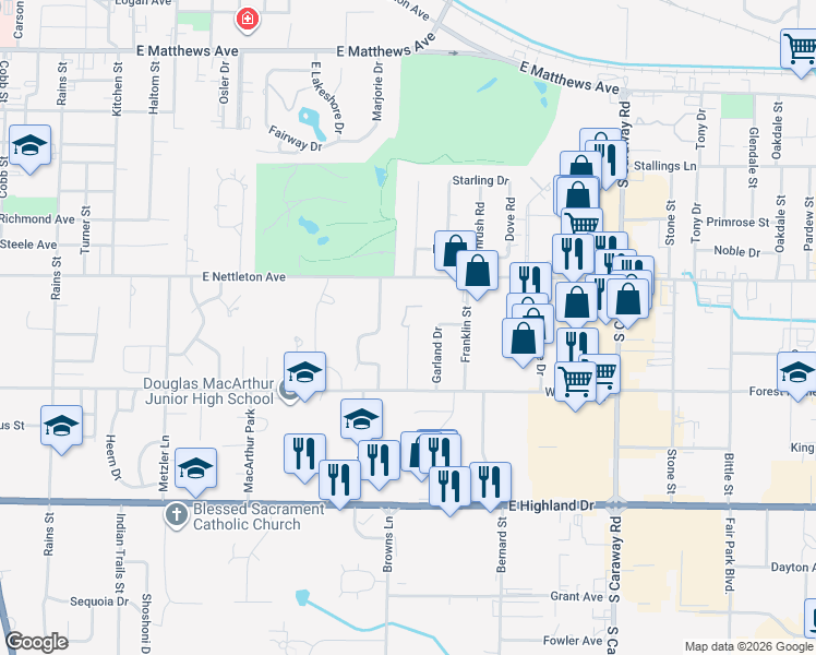 map of restaurants, bars, coffee shops, grocery stores, and more near 1400 Virginia Drive in Jonesboro