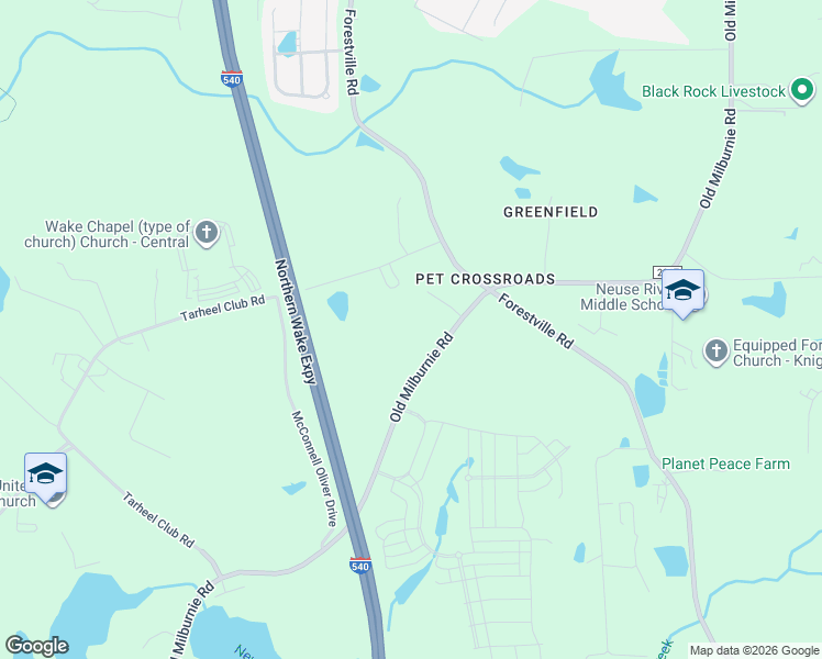 map of restaurants, bars, coffee shops, grocery stores, and more near 2401 Old Milburnie Road in Raleigh