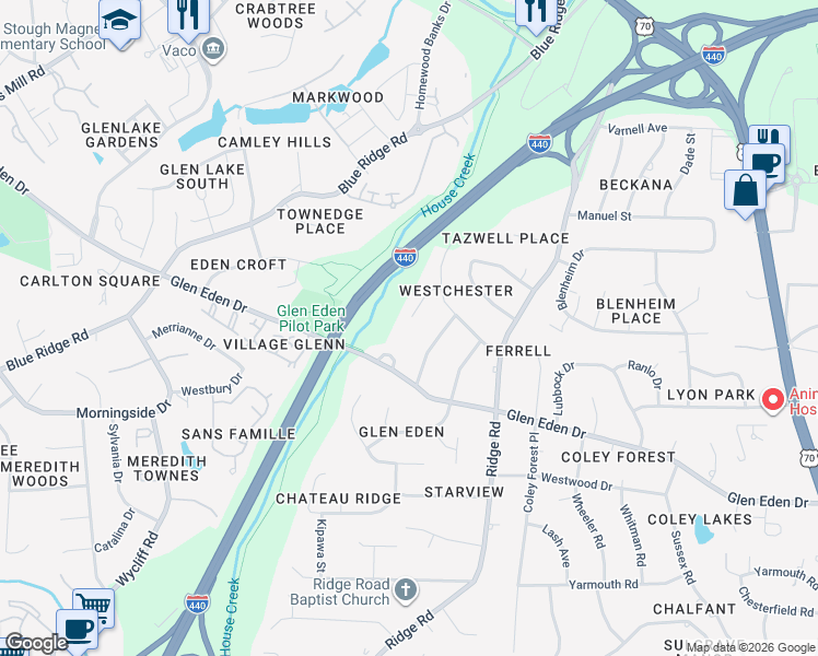map of restaurants, bars, coffee shops, grocery stores, and more near 2405 Rockridge Court in Raleigh
