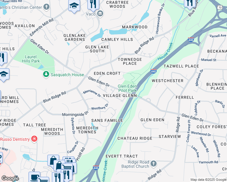 map of restaurants, bars, coffee shops, grocery stores, and more near 3312 Glen Currin Drive in Raleigh