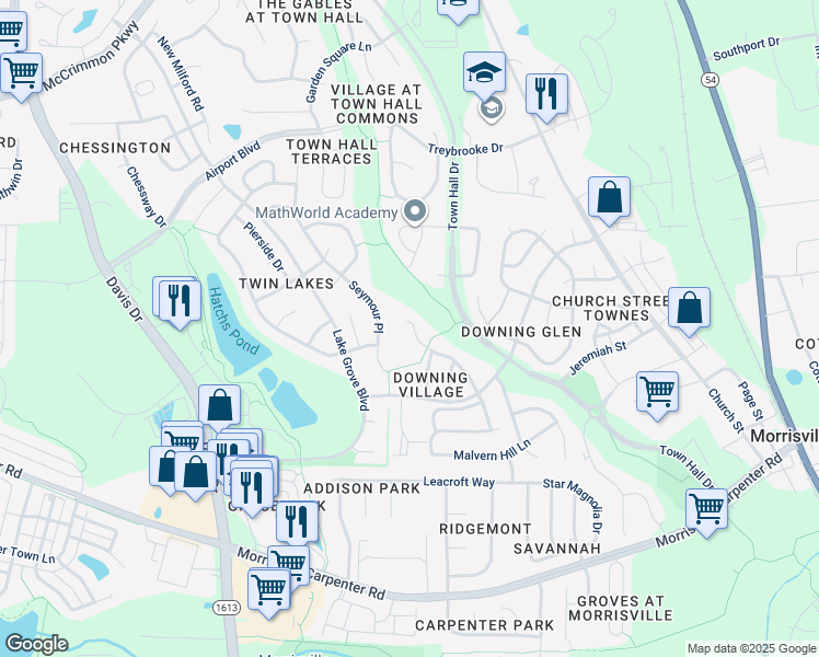 map of restaurants, bars, coffee shops, grocery stores, and more near 422 Plank Bridge Way in Morrisville