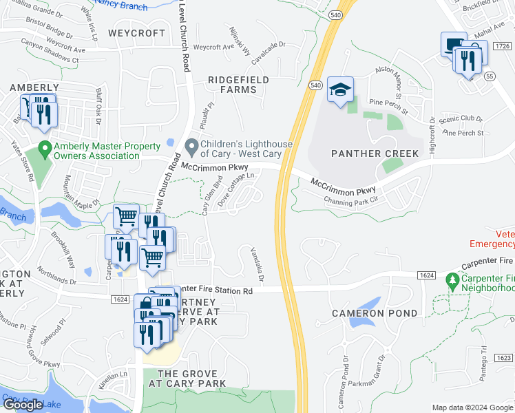 map of restaurants, bars, coffee shops, grocery stores, and more near 351 Michigan Avenue in Cary