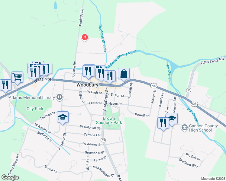 map of restaurants, bars, coffee shops, grocery stores, and more near 106 East Main Street in Woodbury