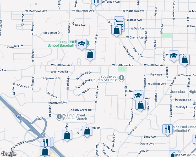 map of restaurants, bars, coffee shops, grocery stores, and more near 1613 Westwood Drive in Jonesboro