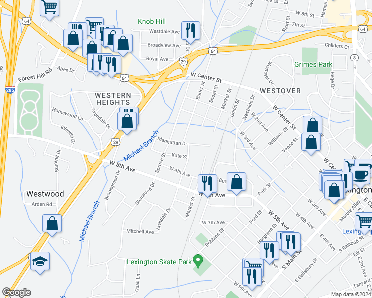 map of restaurants, bars, coffee shops, grocery stores, and more near 406 Shoaf Street in Lexington