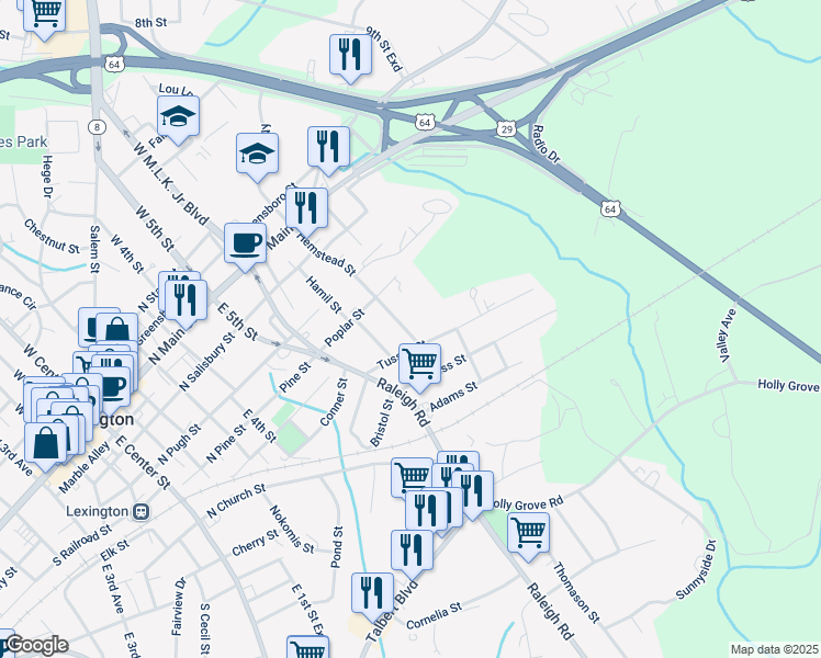 map of restaurants, bars, coffee shops, grocery stores, and more near 222 Hemstead Street in Lexington