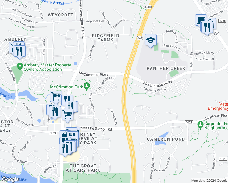 map of restaurants, bars, coffee shops, grocery stores, and more near 351 Michigan Avenue in Cary