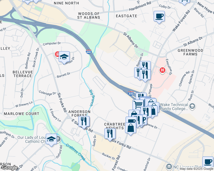map of restaurants, bars, coffee shops, grocery stores, and more near 3128 Rushworth Drive in Raleigh