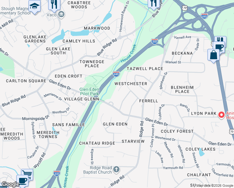 map of restaurants, bars, coffee shops, grocery stores, and more near 2405 Rockridge Court in Raleigh