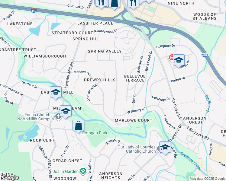 map of restaurants, bars, coffee shops, grocery stores, and more near 3313 Landor Road in Raleigh