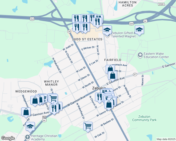 map of restaurants, bars, coffee shops, grocery stores, and more near 609 North Arendell Avenue in Zebulon