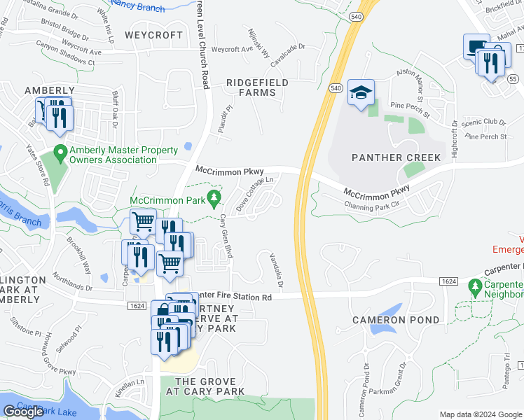 map of restaurants, bars, coffee shops, grocery stores, and more near 2013 Summerhouse Road in Cary