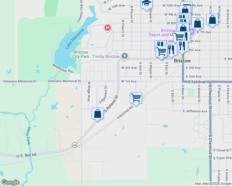map of restaurants, bars, coffee shops, grocery stores, and more near 616 South Roland Street in Bristow