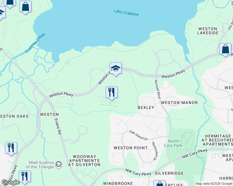 map of restaurants, bars, coffee shops, grocery stores, and more near 3000 Centregreen Way in Cary
