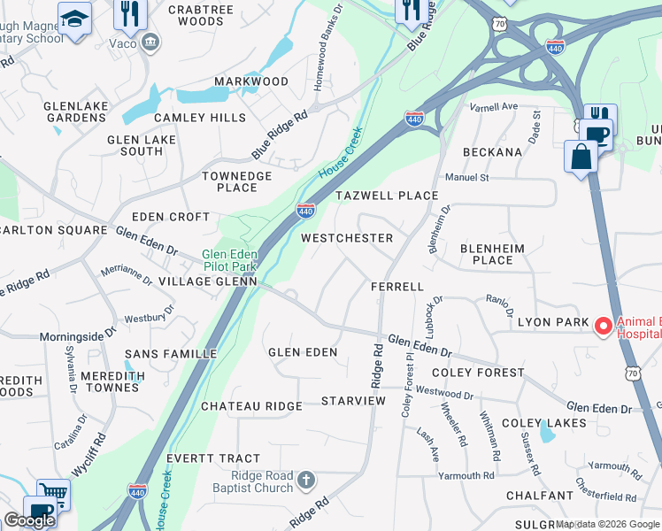 map of restaurants, bars, coffee shops, grocery stores, and more near 1305 Westmoreland Drive in Raleigh