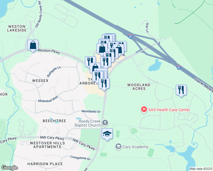 map of restaurants, bars, coffee shops, grocery stores, and more near 1700 North Harrison Avenue in Cary