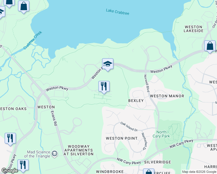map of restaurants, bars, coffee shops, grocery stores, and more near 3000 Centregreen Way in Cary