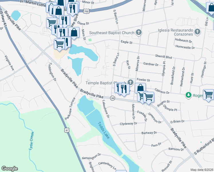map of restaurants, bars, coffee shops, grocery stores, and more near 1014 South Baird Lane in Murfreesboro