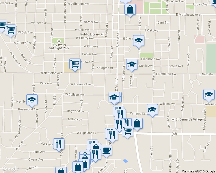 map of restaurants, bars, coffee shops, grocery stores, and more near 1500 South Madison Street in Jonesboro