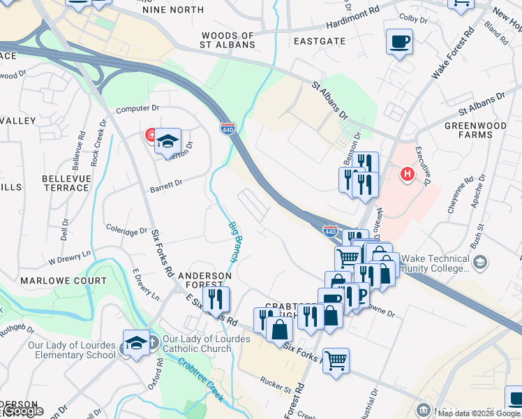 map of restaurants, bars, coffee shops, grocery stores, and more near 827 Bankston Woods Way in Raleigh