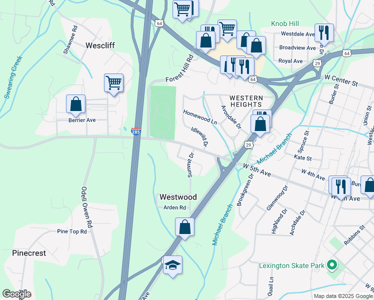 map of restaurants, bars, coffee shops, grocery stores, and more near 1205 West 5th Avenue in Lexington