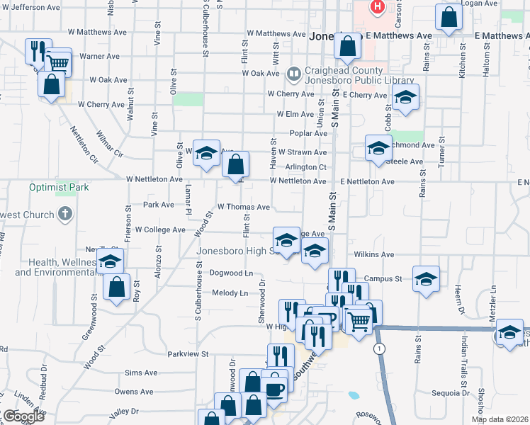 map of restaurants, bars, coffee shops, grocery stores, and more near 500 West Thomas Avenue in Jonesboro