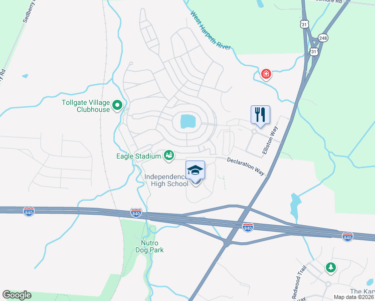 map of restaurants, bars, coffee shops, grocery stores, and more near 2972 Americus Drive in Thompson's Station
