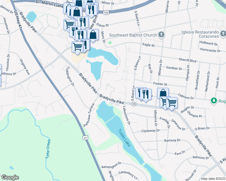 map of restaurants, bars, coffee shops, grocery stores, and more near 1335 Bradyville Pike in Murfreesboro