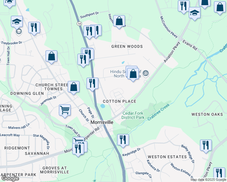 map of restaurants, bars, coffee shops, grocery stores, and more near 401 Liberty Hill Pass in Morrisville