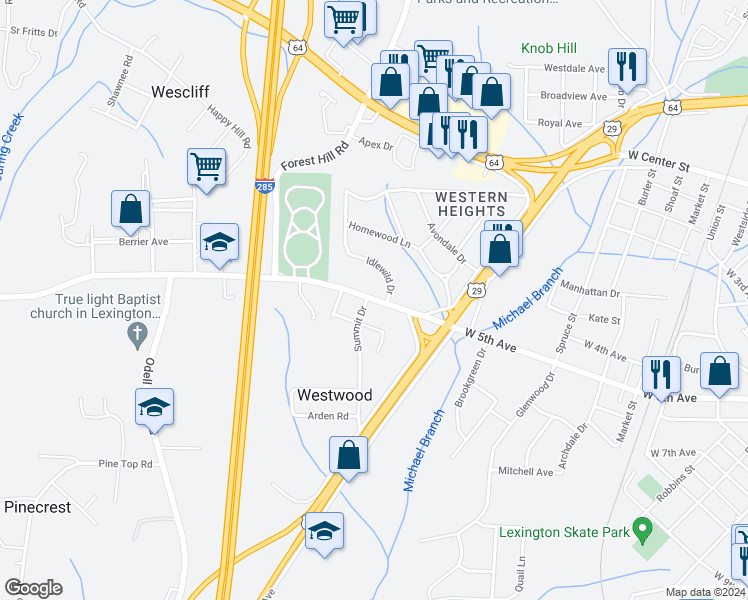 map of restaurants, bars, coffee shops, grocery stores, and more near 1111 West Old US Highway 64 in Lexington