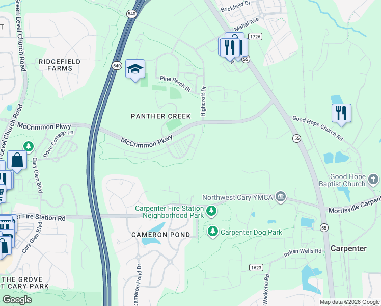 map of restaurants, bars, coffee shops, grocery stores, and more near 920 Channing Park Circle in Cary