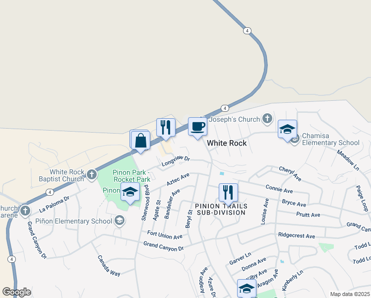 map of restaurants, bars, coffee shops, grocery stores, and more near 128 New Mexico 4 in White Rock