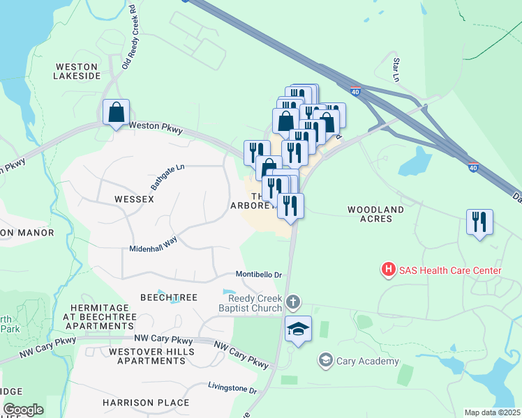 map of restaurants, bars, coffee shops, grocery stores, and more near in Cary