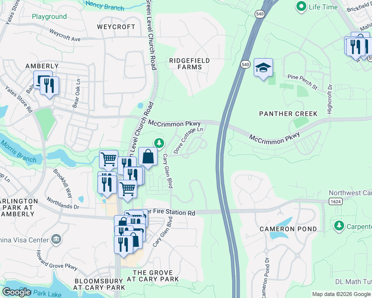 map of restaurants, bars, coffee shops, grocery stores, and more near 141 Dove Cottage Lane in Cary