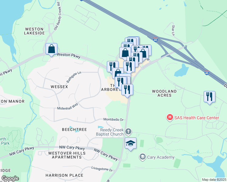 map of restaurants, bars, coffee shops, grocery stores, and more near 3000 Renaissance Park Place in Cary